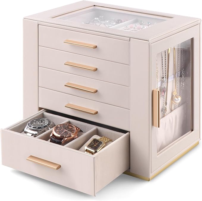 Homeanda Jewelry Box for Women with Glass Lid, 5 Drawers Jewelry Organizer and Storage for Necklaces, Rings, Earrings, Bracel