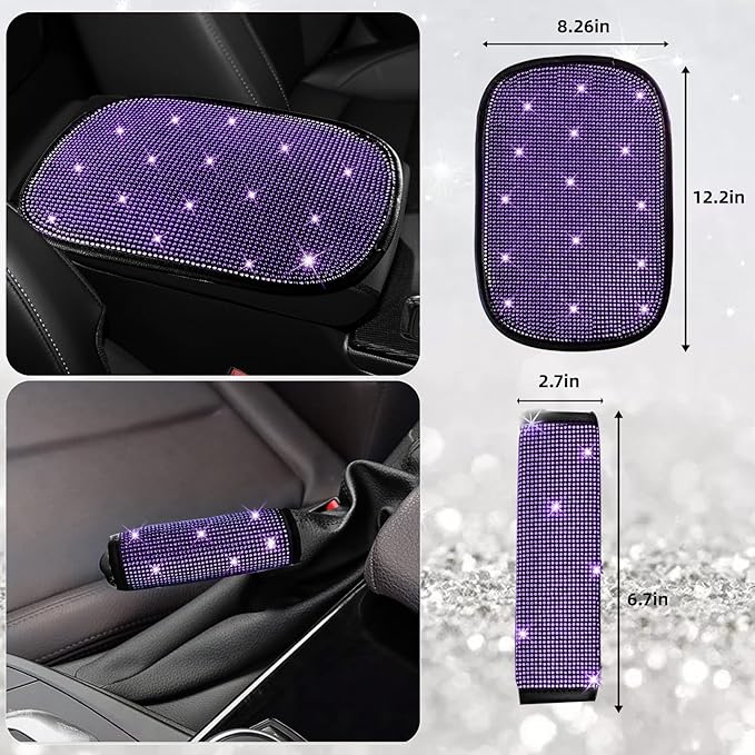 NBTEPEM 30 Pcs Purple Bling Car Accessories Set for Women, Purple Steering Wheel Cover Set, Bling Console Cover, Seat Belt Cushion, Shift Knob Cushion, Cup Coaster, Rhinestone Car Hanging Accessories