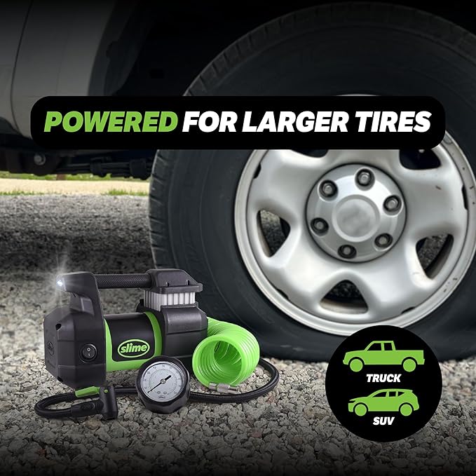 Slime 40031 Tire Inflator, Portable Car, SUV, 4x4 Air Compressor, Pro Power, Heavy Duty, with Analog 150 psi Dial Gauge, Long Hose and LED Light, 12V, 3 min inflation