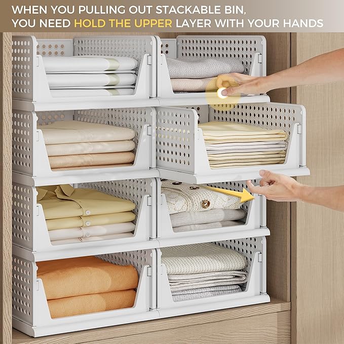 Pinkpum 8 Pack Closet Organizers and Storage Plastic Stackable Storage Bins, Foldable Drawer Shelf Storage Container for Ward