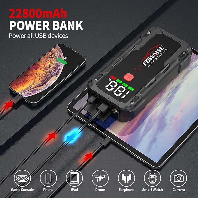 FOWAWU 22800 mAh 6000 A Peak Jump Starter for 12 V Vehicles (10 L Petrol / 8 L Diesel) and Moto, Car Battery Jump Starter