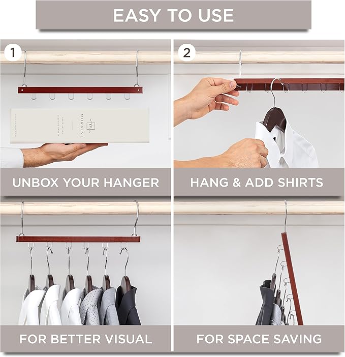 MORALVE Space Saving Hangers for Closet – 4 Pack European Beechwood 6-Tier Shirt Organizer with 360° Swivel Hook – Collapsibl