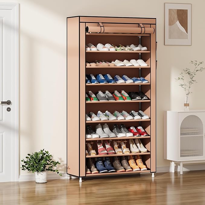 Laiensia 9-Tier Vertical Shoe Rack Organizer, Space Saving Shoe Storage Organizer, Non-Woven Cover Shoe Shelf Holds 36-45 Pai
