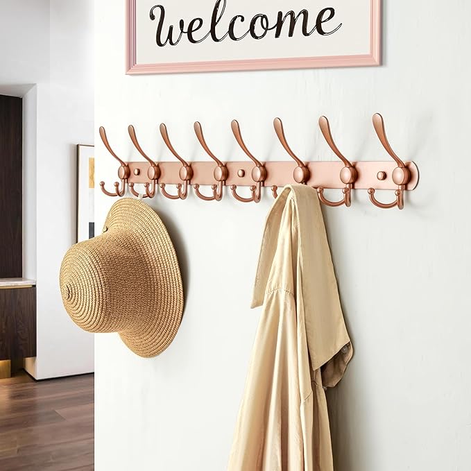 Dseap Coat Rack Wall Mount - 29.5” Long 8-Tri-Hooks Heavy Duty Coat Hanger Rail Wall Hooks for Hanging Coats Hats Clothing Cl