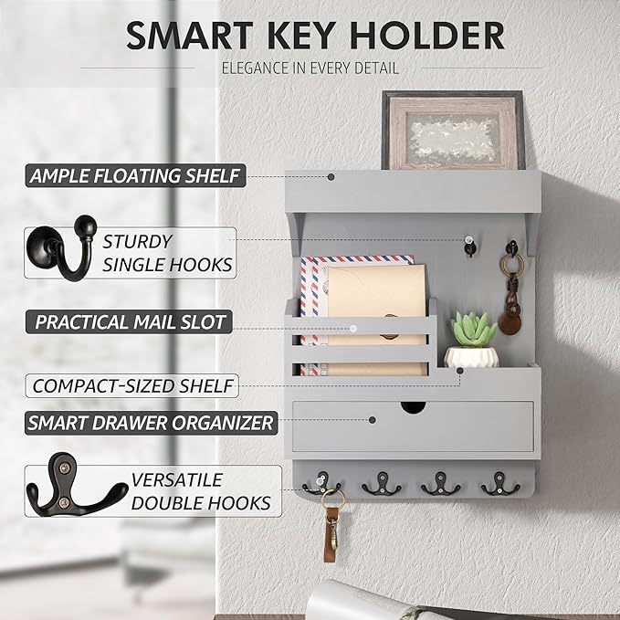 Rebee Vision Wooden Key Holder Wall Mount with Drawer Organizer – Modern Mail and Key Organizer for Wall Featuring 6 Robust H