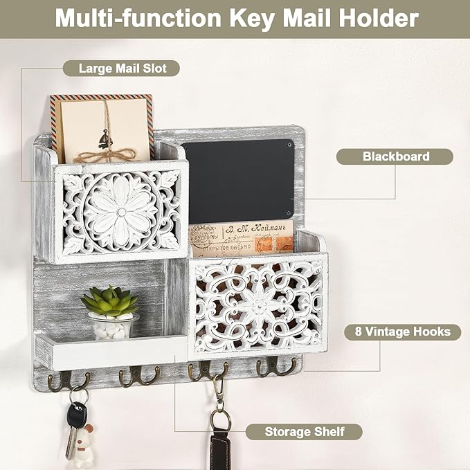 Mail Organizer Wall Mounted, 2 Slots Key Holder for Wall with 8 Hooks, Rustic Wood Key Rack with Shelf for Entryway Hallwall 