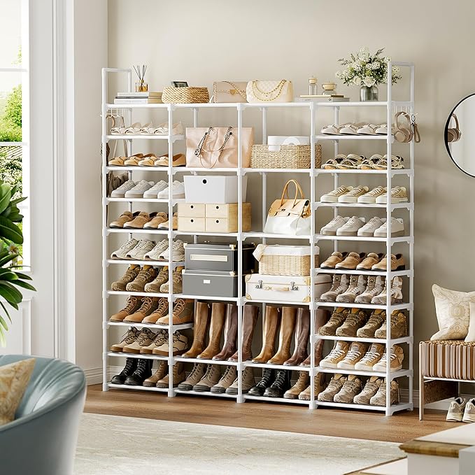 WOWLIVE 4 Row 10 Tiers Extra Large Shoe Rack Big Tall Metal Shoe Shelf, Heavy Duty Organizer for Closet Entryway, Boot Rack S