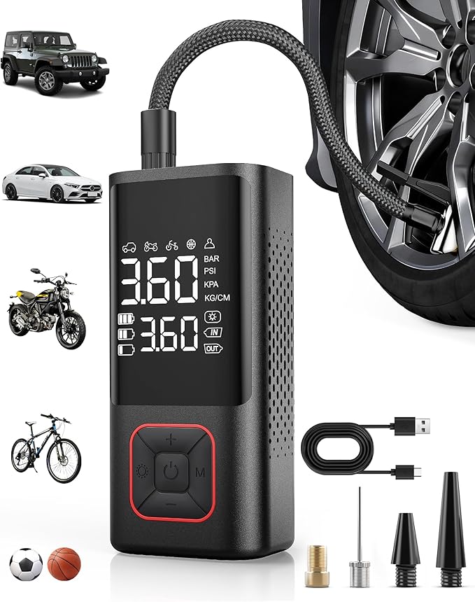 Cordless Tire Inflator 150PSI Portable Air Compressor with Auto Shutoff, Air Pump for Car Tires, Motorcycle, Bike, Balls, Inflatables, LED Light, Red, Standard Capacity