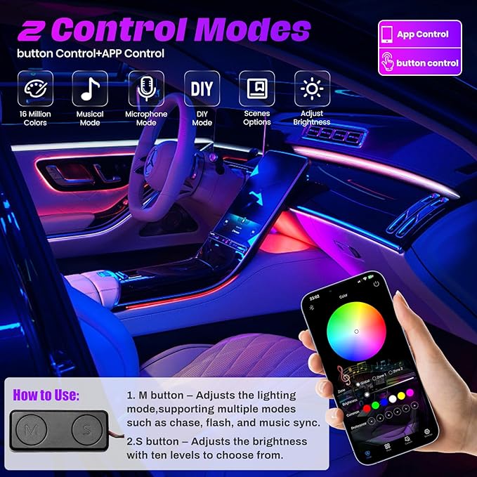 Acrylic Interior Car LED Strip Lights, Dreamcolor 18-in-1 Car Ambient Lighting Kit, with APP Control, 622 LED Fiber Optic Strip Lights for Cars, Supports Neon Sync with Music DIY Mode.