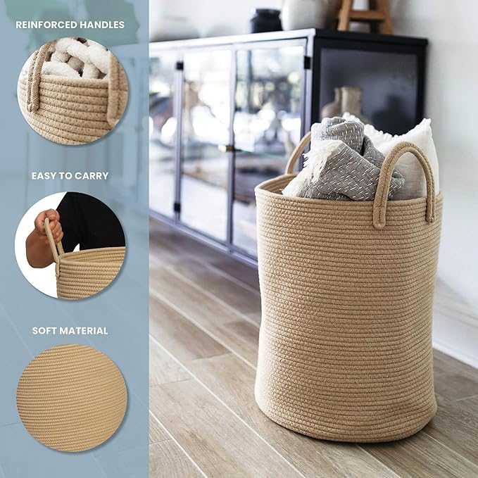 OrganiHaus Large Woven Laundry Basket w/Handles 52L, Rope Dirty Clothes Hamper, Blanket Basket for Living Room, Baby Laundry 