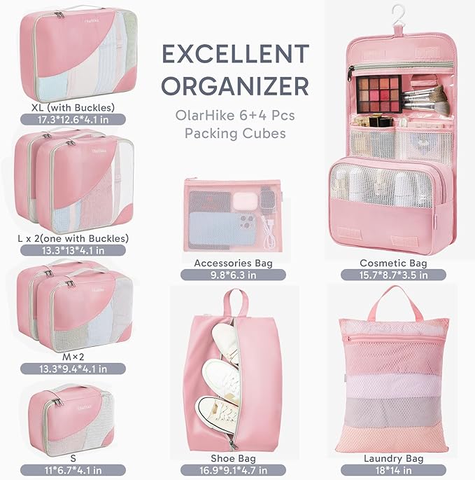 10 Set Packing Cubes for Travel, Gifts for Women Mom,Anti-Tearing Suitcase Organizer for Luggage with Shoe & Hanging Toiletry