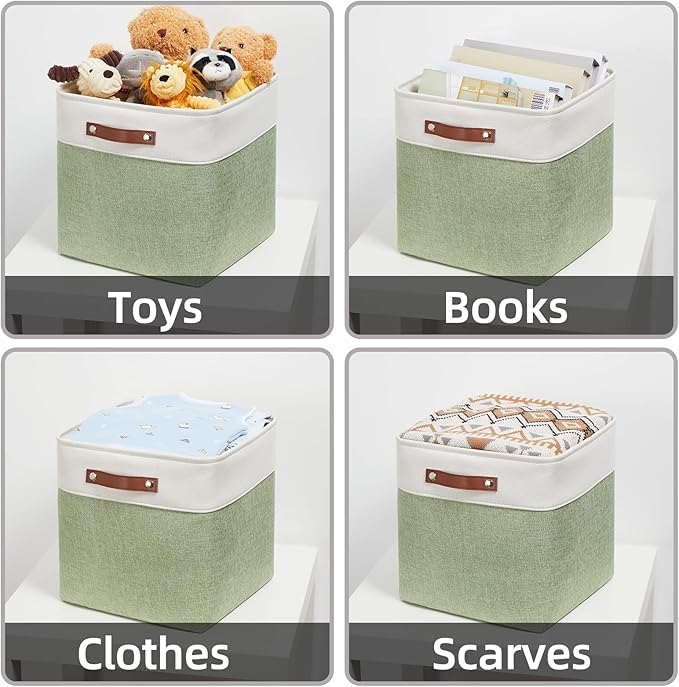 HNZIGE Foldable Storage Cubes & Baskets (3 Pack) - 13 Inch Storage Bin with Leather Handles for Toys, Clothes, Kids (White & 