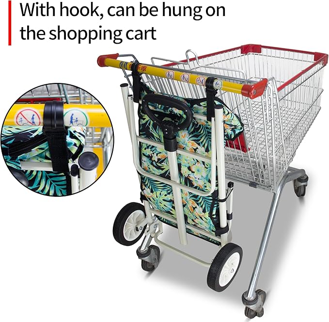 TMZ Heavy-Duty Foldable Shopping Cart with Removable Insulated Bag & Hooks - Lightweight 110 lbs Capacity Grocery Luggage Cart for Market, Travel, Laundry (Tropic Style)