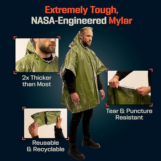 PREPARED4X Emergency Mylar Poncho – Survival Rain Poncho with Hood – Lightweight, Compact, Reusable Emergency Blanket Poncho 