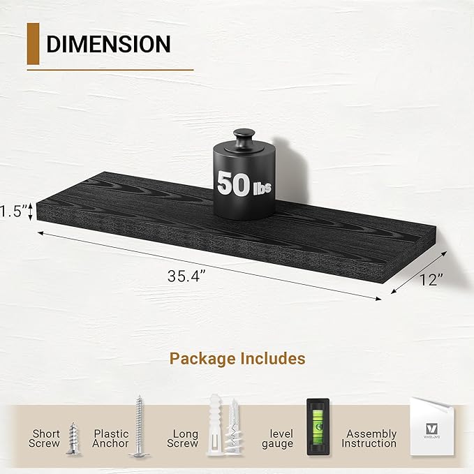 Vivelove Black Floating Shelves 35.4 Inches Wide, 12" Deep Wall Shelves for Bedroom, Bathroom, Living Room, Kitchen, Office, 