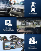 Dash Cam Front and Rear Inside 3 Channel, 4K Full UHD Dash Camera for Cars Built-in 32GB Card with IR Night Vision, 24 Hours 
