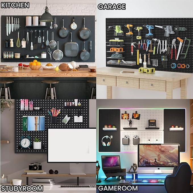 Peg Board Wall Organizer Panels - 6Pcs Black ABS Pegboard Wall Mount for Home, Craft Room, Garage, Kitchen, Workshop, Tool Or