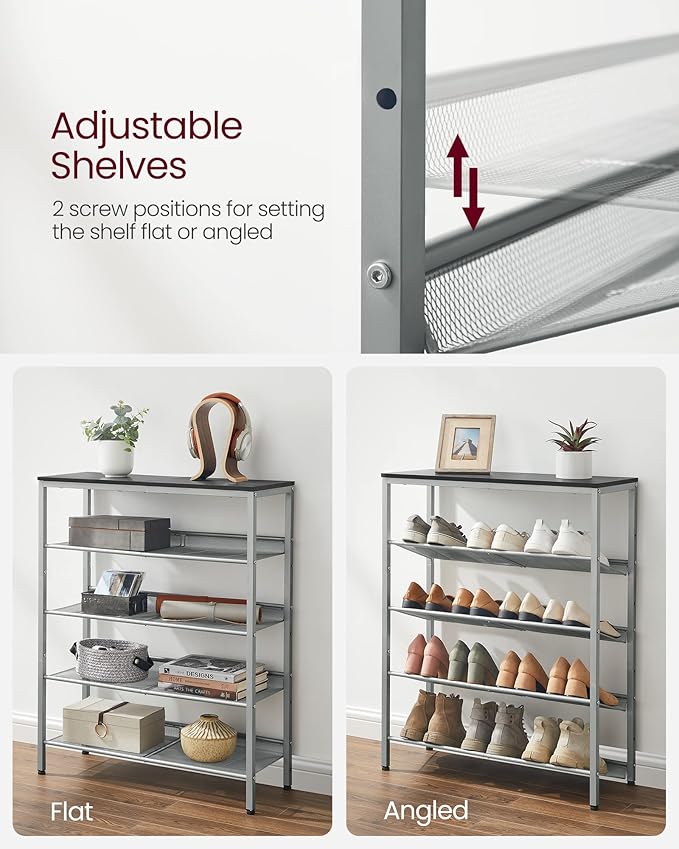VASAGLE Shoe Rack for Entryway, 5-Tier Shoe Rack Organizer with Storage Shelves and Spacious Top, Freestanding, Adjustable, I
