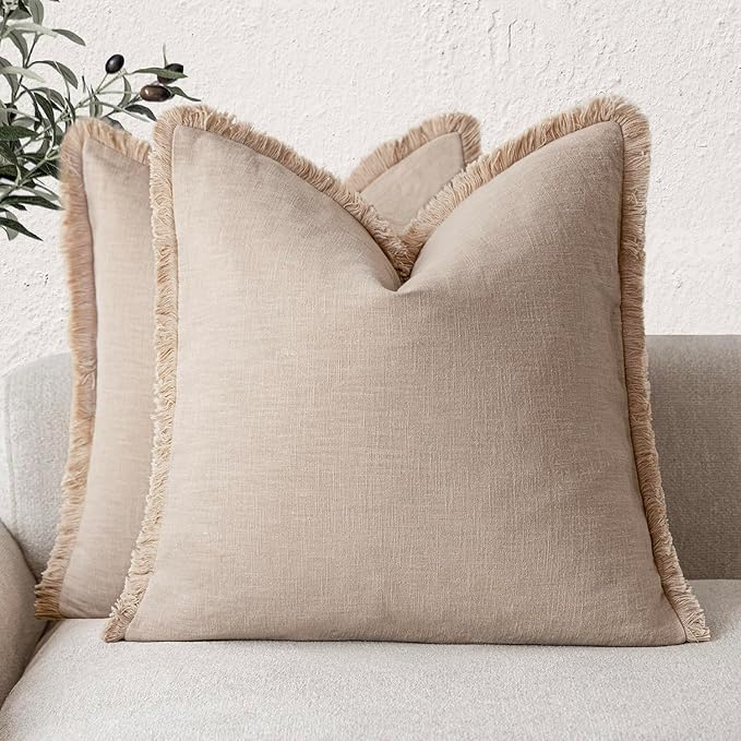 Foindtower Set of 2 Decorative Linen Fringe Throw Pillow Covers Boho Farmhouse Cushion Cover with Tassels Accent Pillowcase f