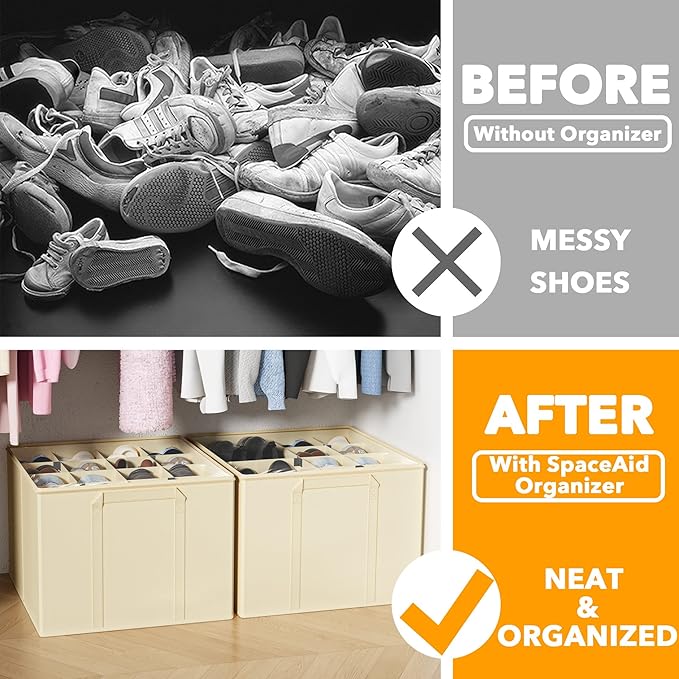 SpaceAid Shoe Organizer for Closet, 2 Pack Foldable Shoe Storage Containers Baskets Boxes Bins w/Adjustable Dividers, Fits 16