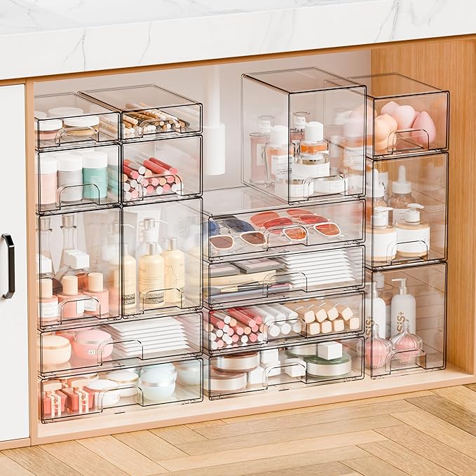 Yieach 8 Pack Small Clear Stackable Storage Drawers,2.2'' Tall Desk Organization and Storage,Plastic Office Supply Organizer,