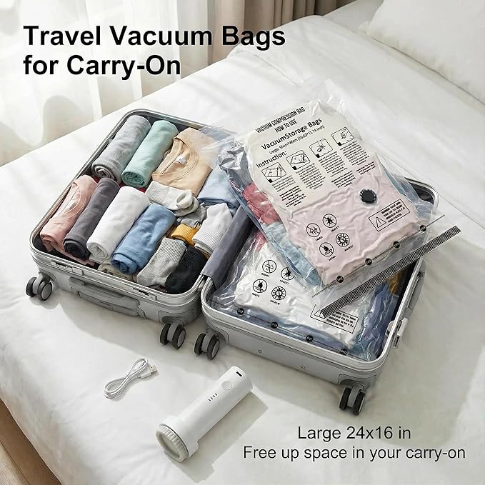 Vacuum Seal Bags for Clothing: 9 Pack Small Travel Vacuum Bags for Luggage with Rechargeable Electric Pump - Space Saver for 