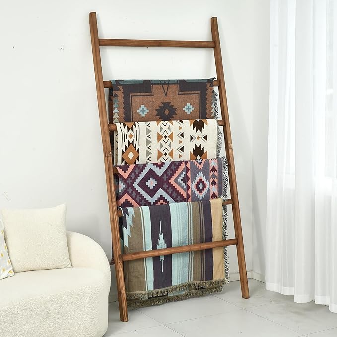 FUIN Extra Wide 6.4ft Wooden Blanket Ladder Living Room Decorative Wal Leaning Farmhouse Quilt Display Holder Rustic Wood Tow