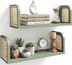Green Rattan Shelf Set of 2, Cute Nursery Shelves Wall Mounted, Natural Hanging Bookshelf Storage, Boho Decorative Floating S