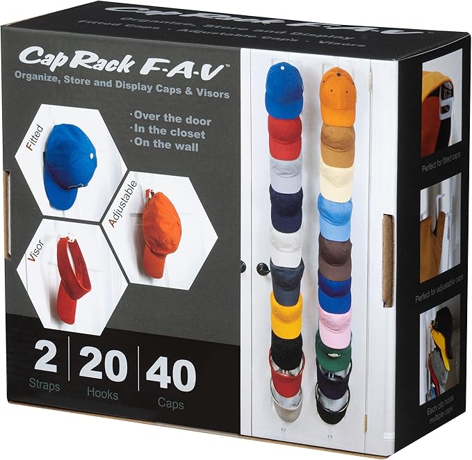 Perfect Curve Hat Organizer Cap Rack FAV | Hat Racks | Hold up to 40 caps | Over Door Organizer for Baseball Hat | Fitted & A