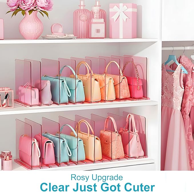 SortNStore Purse Organizer for Closet: Shelf Dividers Adjustable Acrylic Bag Closet Organizers and Storage Pink 4 Bases 14 Sh