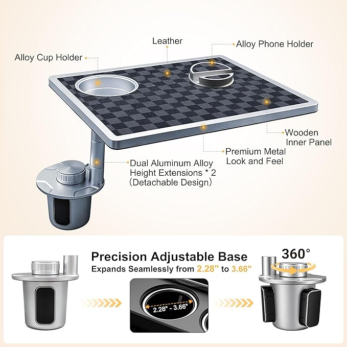 Car Food Tray & Car Table Tray with Car-Grade Aluminum Cup Holder & Phone Stand, Premium Wood with Leather Surface, 360° Rotating Car Desk for Laptop &Eating (Square, Black&Grey)