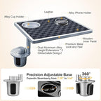 Car Food Tray & Car Table Tray with Car-Grade Aluminum Cup Holder & Phone Stand, Premium Wood with Leather Surface, 360° Rotating Car Desk for Laptop &Eating (Square, Black&Grey)