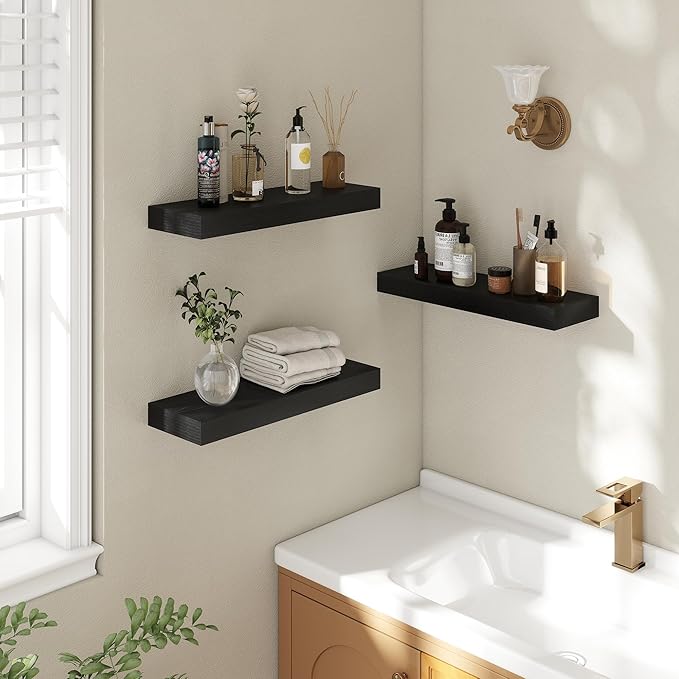 20 Inch Floating Shelves | 6.5 Inch Deep Black Floating Shelves Set of 2 | 20" W x 6.5" D Rustic Black Wood Wall Shelves with