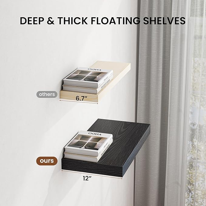 Dreamland 40" Floating Shelves for Wall, 12" Deep Thicker Black Floating Shelves, Wall-Mounted Shelves for Bedroom, Living Ro
