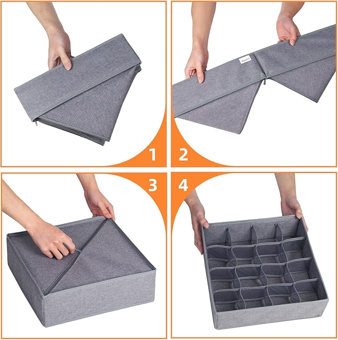Criusia 3 Pack Sock Underwear Drawer Organizer Dividers, 64 Cell Fabric Foldable Dresser Organizer for Closet Organizers and 