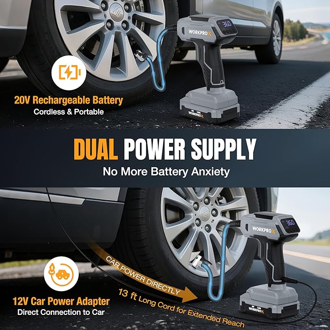 WORKPROX Tire Inflator Portable Air Compressor, 150 PSI Cordless Car Tire Pump with Digital Pressure Gauge, Fast Inflation, Rechargeable Battery & 12V DC Power, for Cars, Motorcycles, Bikes, Balls