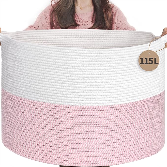 INDRESSME 115L Extra Large Pink Laundry Basket for Nursery Stuffed Animal Storage, Blanket Rope Baby Baskets Kids Toy Organiz
