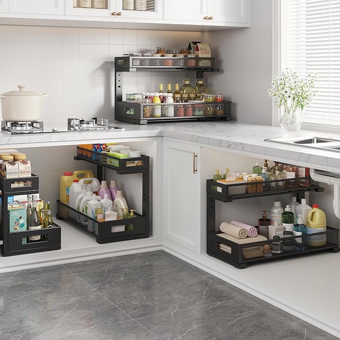 2 Pack 19IN Depth Under Sink Storage Organizer, Large 2-Tier Elegant Mesh Pull Out Shelf for Kitchen and Bathroom Cabinet Org