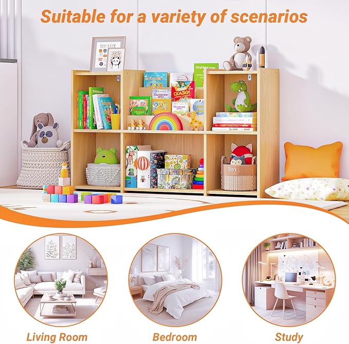 Kids Bookshelf & Toy Storage Organizer, 2-Tier Horizontal Wooden Shelf with 5 Open Compartments and Front Book Display, Low H