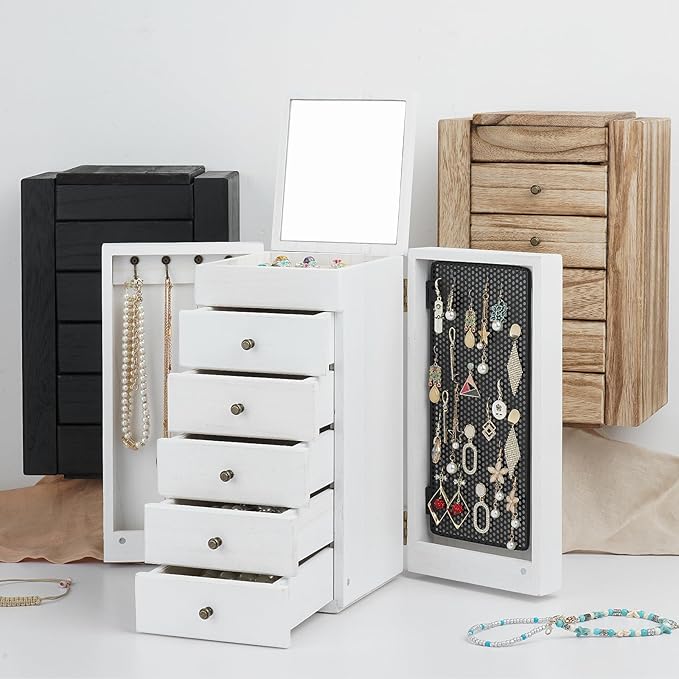 Meangood White Jewelry Box Wood for Women, 6-Layer Large Organizer Box with Mirror & 5 Drawers for Rings, Earrings, Necklaces