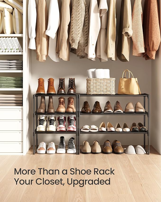 SONGMICS Shoe Rack, 3-Tier Shoe Organizer, Metal Storage Shelf, Upright or Upside Down, for 8-12 Pairs, Stackable, for Entryw