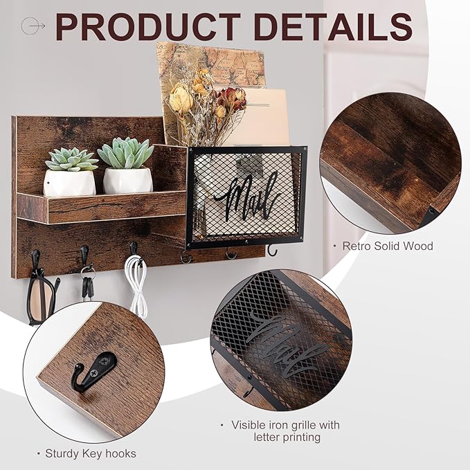 Yalikop Mail and Key Organizer for Wall with Shelf, Wall Mounted Mail Holder with Hooks, Entryway Organizer for Letters, Keys