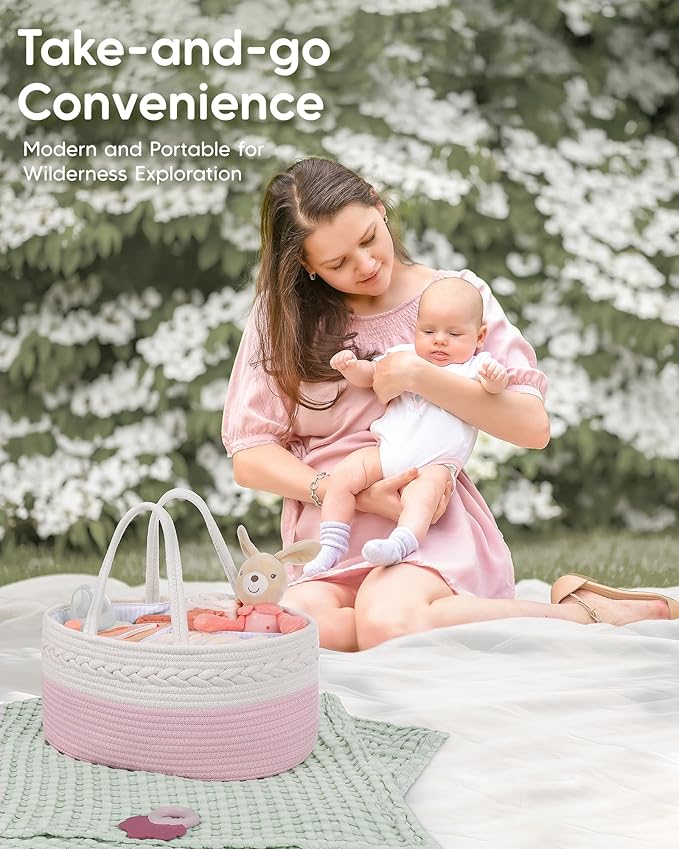 Maliton Diaper Caddy for Baby Girl-Cotton Rope Diaper Caddy, Diaper Organizer for Changing Table, Portable Baby Basket for St