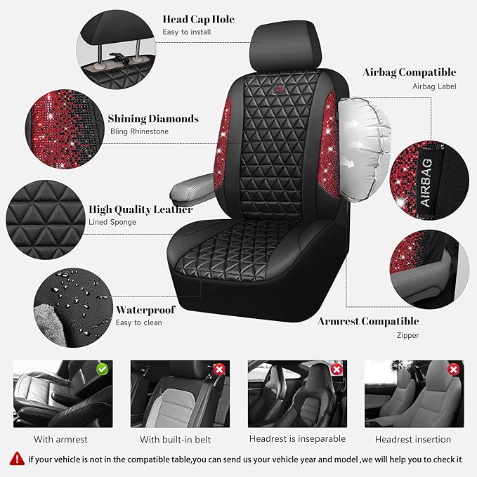 CAR PASS Bling Diamond Black Leather Car Seat Covers for 2 Front Interior Sets, Waterproof Shining Glitter Sparkly Crystal Un