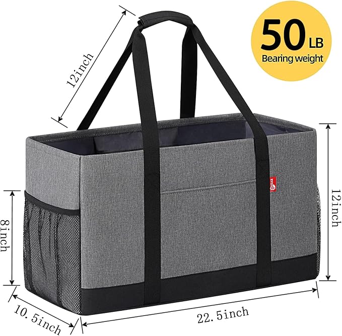 Extra Large Utility Tote Bag, Foldable Reusable Grocery Bags with Metal Wire Frame & Reinforced Bottom Board, Stand Up Large Utility Tote for Shopping, Beach Bag, Laundry, Car (Grey)