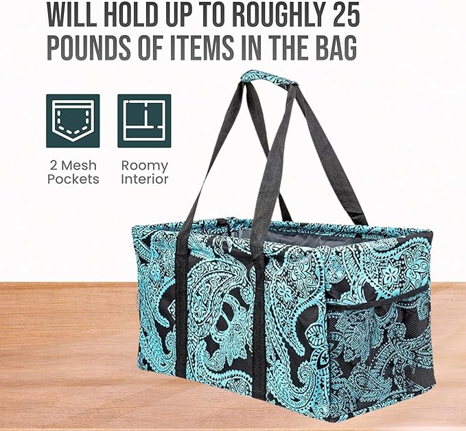 Extra Large Utility Tote Bag - Oversized Collapsible Reusable Wire Frame Rectangular Canvas Basket With Two Exterior Pockets For Beach, Pool, Laundry, Car Trunk, Storage - Paisley Blue