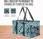 Extra Large Utility Tote Bag - Oversized Collapsible Reusable Wire Frame Rectangular Canvas Basket With Two Exterior Pockets For Beach, Pool, Laundry, Car Trunk, Storage - Paisley Blue