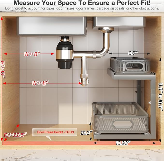 2-Pack 21.3 IN Depth Under Sink Organizer With Next-Gen Ball-Bearing Slides,Sophisticated Mesh 2-Tier Pull Out Shelf for Kitc