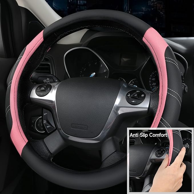 CAR PASS Microfiber Steering Wheel Cover and Waterproof Car Floor Mats,Leather Universal Car Combo Fit for 95% Truck,SUV,Cars