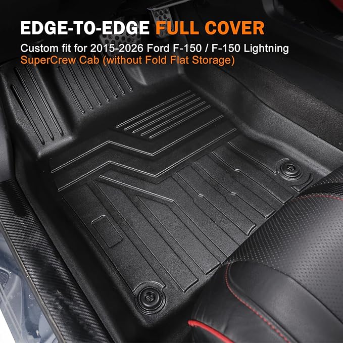 KUST Floor Mats for 2015-2026 Ford F-150/F150 Lightning SuperCrew Cab (Only for Rear Seat Without Under-Seat Fold Flat Storage), All Weather Car Mats for F150 Accessories TPE Rubber Raised Edge